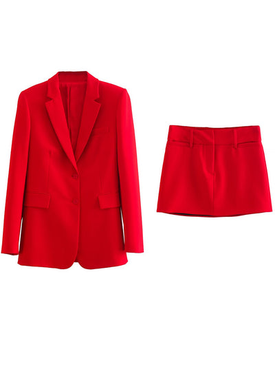 LYWM Women Fashion 2 Piece Set Solid Single Breasted Blazer & Vintage Front Zipper Mini Skirt Female Chic Lady Skirt Set