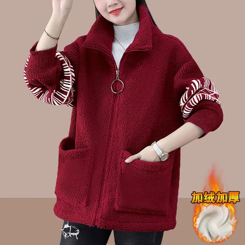 Add Velvet Thicken Female Hoodie Jacket Autumn Winter 2022 New Loose Fashion Splicing Pocket Imitate Lambswool Women&#39;s Coat