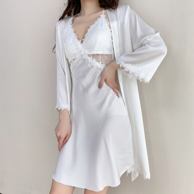 Hollow Out Satin Wedding Robe Set Lace Women Sleepwear Suspender Nightgown Suit Sexy Loose Kimono Bathrobe Intimate Lingerie