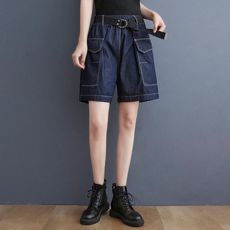 Oversized Denim Wide-leg Shorts Women&#39;s Summer Vintage Pants Loose Fashion Bright Line Design Slim All-match Five-point Pants