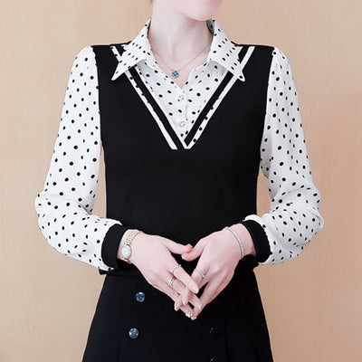 Fake Two Polka Dot Print Bottoming Shirts Top Fashion All-match Long-sleeved Polo Collar Blouse Women M-5XL