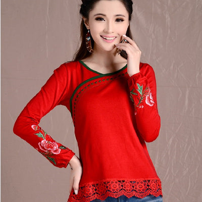 Plus Size T Shirt Women Cotton Basic Tshirt Long Sleeve Vintage Ethnic Embroidery Blouses 2021 Ladies Chinese Tops 12360