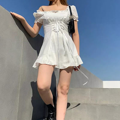 Summer Square Neck Puff Sleeve Satin Dress Women White Elegant Sexy Mini Bodycon Sundresses Boho Casual Light Beach Party Robe