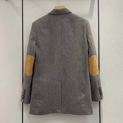 Fashion Houndstooth Wool Blazers For Women High Quality Notched Collar Elbows Patch Leather Woolen Suit Jacket Office Lady 2022