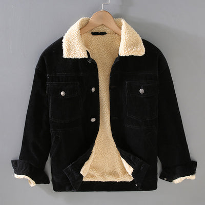 Winter Heavyweight Vintage Cargo Jacket Men Long Sleeve Imitation Wool Lining Fleece Corduroy Coat Simple Casual Pockets Clothes