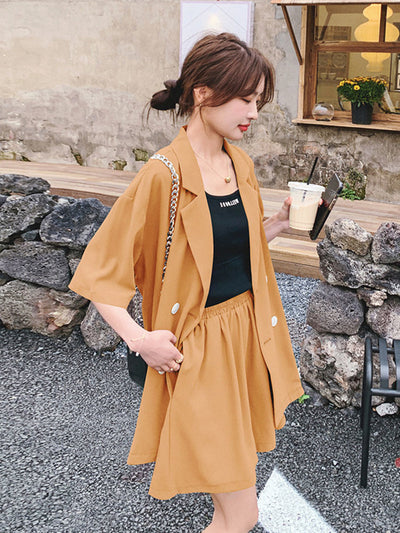 Women Solid Color Bow Set Short Sleeve Notched Double Breasted Top Elastic Waist Pants 2022 Summer Female Clothing B824