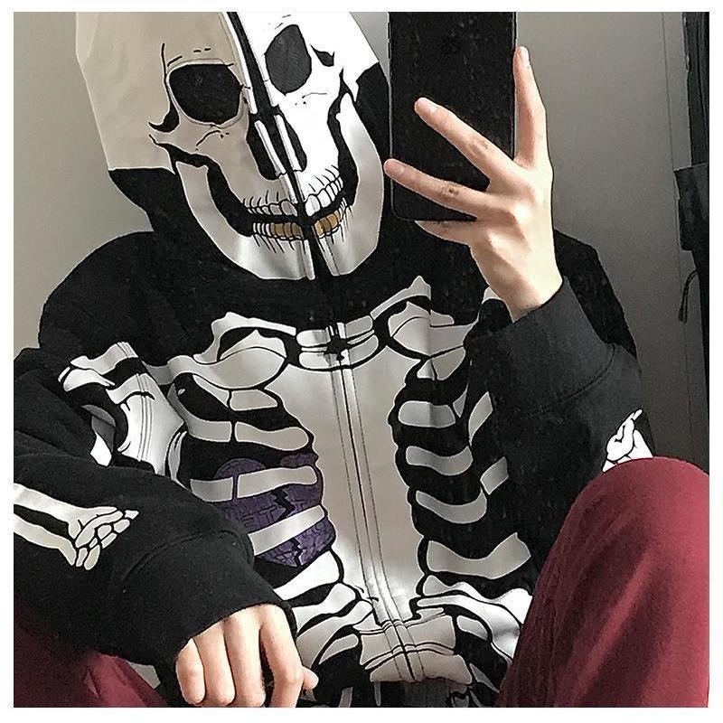 Deeptown Y2K Gothic Zip Up Hoodies Women Punk Oversized Skull Skeleton Print Sweatshirts Black Hip Hop Loose Tops Jacket Grunge