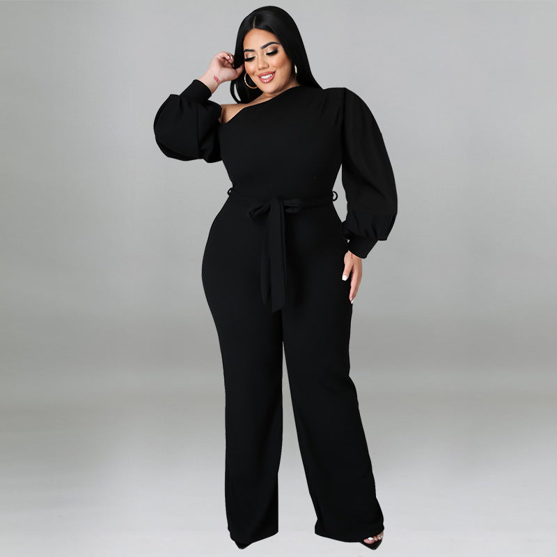 Elegant Lantern Sleeve Long Sleeve Plus Size Jumpsuit Black Sloping Off Shoulder Lace Up Fashion Office Ladies Casual Outfits