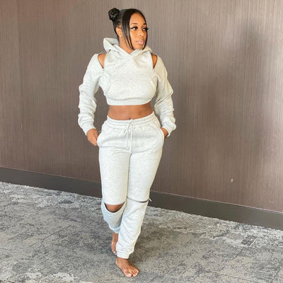 DPSDE 2021 spring women new street girl style sets long sleeve hooded neck top elastic long pants pure color two piece sets