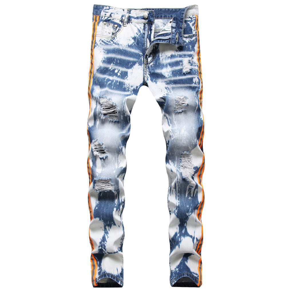Men&#39;s Neon Side Stripe Patchwork Jeans Y2K Tie Dye Holes Ripped Denim Pants Plus Size Slim Straight Trousers
