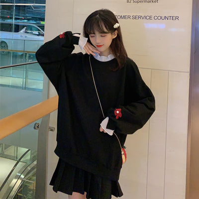 Korean Autumn Winter Female Sweatshirt Ruffle Collar Flower Decoration Solid Women Pullovers Loose Warm Patchwork Sweet Girl Top