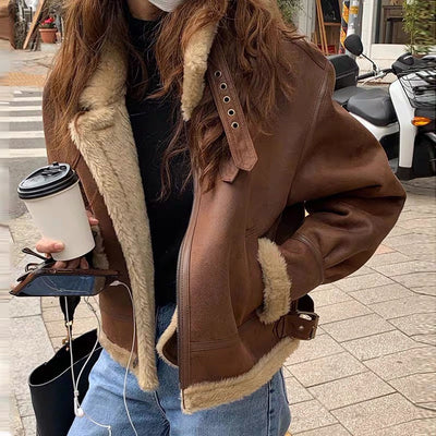 Winter Lambskin Coat Women's Made Leather Motorcycle Jacket Coat Ladies Loose High Street Retro Coat 2022 New Fashion