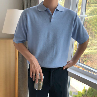 Thin Polo Shirt Men&#39;s Ice Silk Knit Lapel T-Shirt Korean Short Sleeve Simple Short Tee Shirt Summer Chic Pullover Tops Camisetas