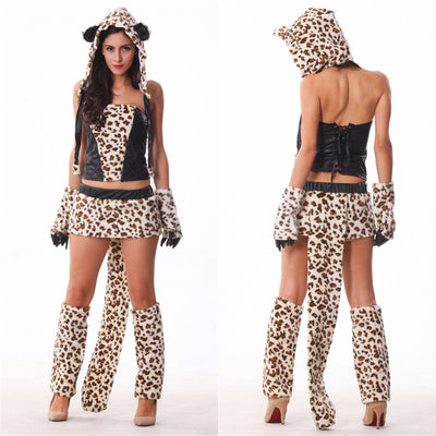 Woman Halloween Cosplay Costumes Sexy Animal Leopard Tiger Cosplay Costumes Leopard Top Skirt Hat 5Pcs Set Carnival Deguisement