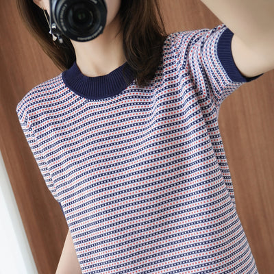 Thin Striped Sweater Women Pullover Short Sleeve Loose Knitted Tops Sweaters Korean Style Casual O-Neck Woman Clothes Pull Femme