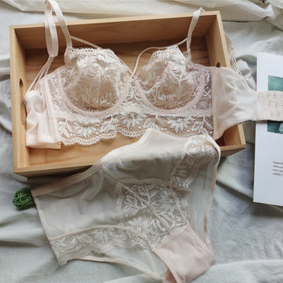 Ultra-thin Transparent Lingerie with Panty Large Size Lace Beautiful Back Underwear Women&amp;#39;s Big Bra with Steel Ring Bralette Set