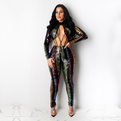 AHVIT Hollow Out Sequinted Bandage Sexy Women Jumpsuits Patchwork Back Zipper Fashion Nightclub Romper YD-Y8156