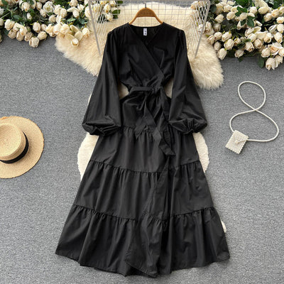 Pleated Y2K V-neck Dress Summer Woman Long Lantern Sleeve Maxi Dresses for Women Lace Korean Style Vestidos Femme Dropshipping