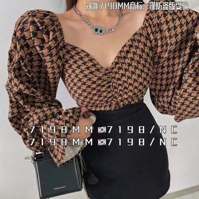 Shirts Women Pleated Ruffle Slash Neck Plaid Long Sleeves Tops Off Shoulder Slim Girls Ulzzang Elegant Retro Loose Chic Stylish