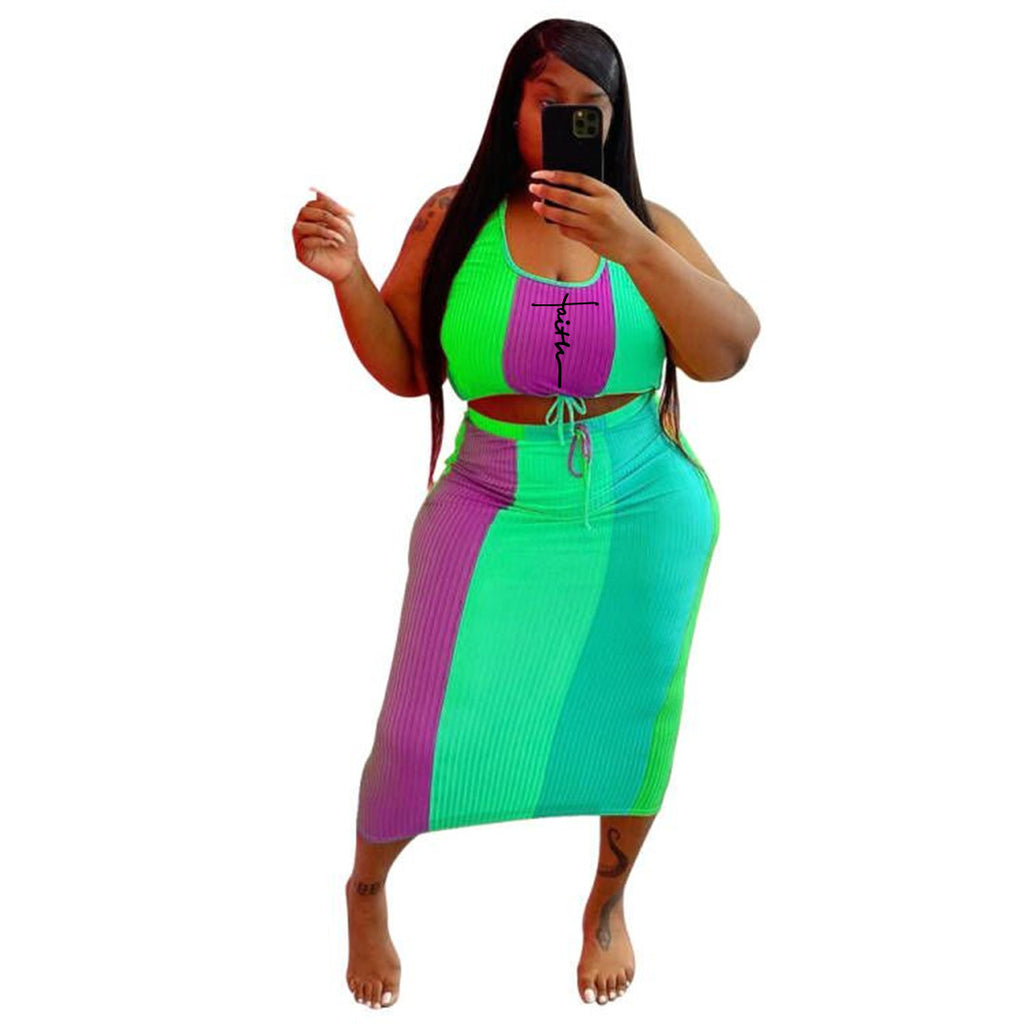 Meren Verado Plus Size Sleeveless Print Tank and Long Skirts Ribbed Suit Women Colour Patchwork Bodycon Two 2 Piece Set 2022