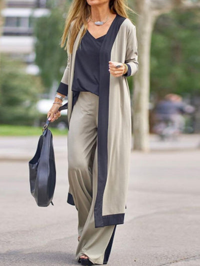 Spring Patchwork 3 Pieces Women Sets Sexy V Neck Vest Top+Long Cardigan+Wide Leg Pants Homewear Suit Autumn Loose Office Outfits