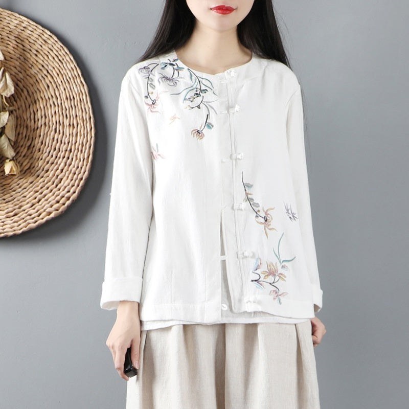 Chinese Style Clothing Women Blouse 2021 Floral Embroidery Chinese Shirt Cheongsam Top Cotton Female Tang Suit Chinese Top 10712