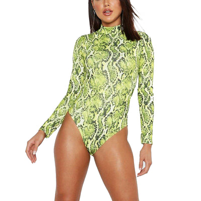 HOT SALE Women Sexy Bodycon Snake Print Long Sleeve Romper Tops High Neck Clubwear Party Romper Bodysuit Streetwear