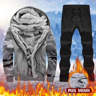 Men Winter Two-piece Suit Leisure Printed Hooded Plush Jacket Plus Fleece Jacket Coat With Solid Sport Pants Man Suit Costume