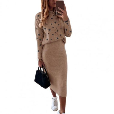 1 Set Stars Print Skirt Suit Women Dress Sets Turtleneck Pullover Pencil Skirt Two Piece set Women Dress Suits Костюмы с юбкой