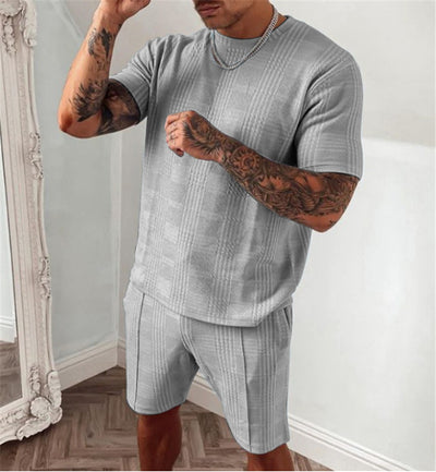2022 Summer New Tracksuit Men Casual Sports Set Solid Color Plaid Short Sleeved Shorts Sets Mens Fashion 2 Piece Sportswear