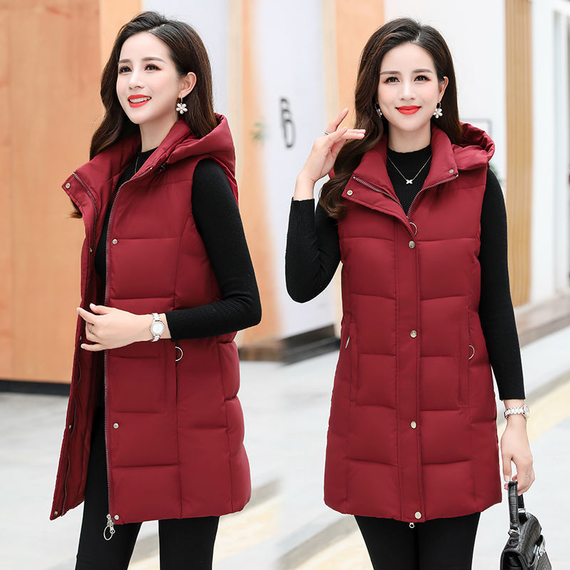 New Women Autumn And Winter Thickened Long Vest Filling Cotton Solid Color Sleeveless Jacket