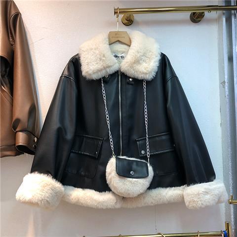 2021 temperament Plus Velvet PU Leather Jacket Women&#39;s Winter New Korean Style Fur Collar Thick Loose Coat Trend