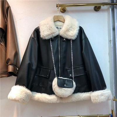 2021 temperament Plus Velvet PU Leather Jacket Women's Winter New Korean Style Fur Collar Thick Loose Coat Trend