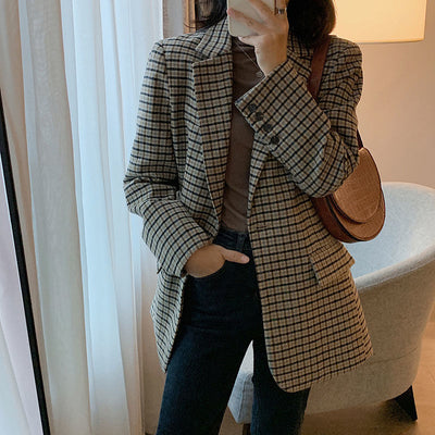 Korean Version Retro Classic Plaid Business Interview Suit Ladies Work Office Ladies Long Sleeve Fashion Blazer Women 2022 New