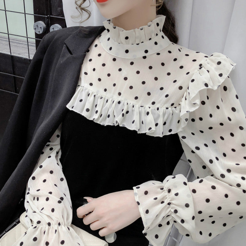 Ezgaga Velvet Patchwork Shirts Women Korean Dot Long Lantern Sleeve Party Blouse Elegant Office Lady Tops Fashion Blusas