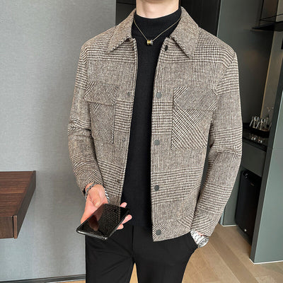 2021 Autumn Winter Man Woolen Jacket Coat Plaid Trench Coat Turn-down Collar Thickening Man Fashion Casual Woolen Jackets B621