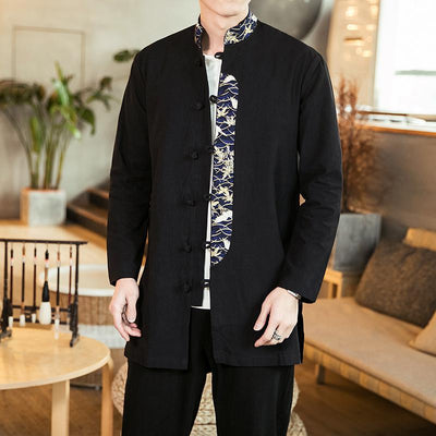 M-5XL Plus Size Men`s Chinese Traditional Linen Cotton Tai Chi  Mandarin Collar Frog-Button Shirt Long Sleeve XXXXXL