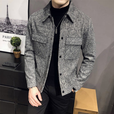 2021 Autumn Winter Men Woolen Jacket Fashion Single Breasted Windbreaker Fashion Retro Plaid Jackets Man Slim Short Jacket B474