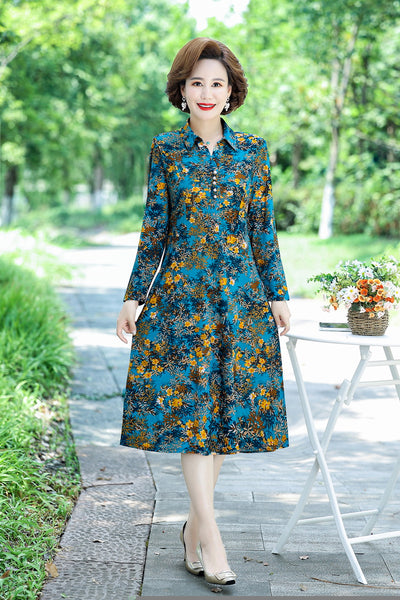 spring and summerLadies Dress Elegant Flower long sleeves Midi shirt collar Dress for Womens