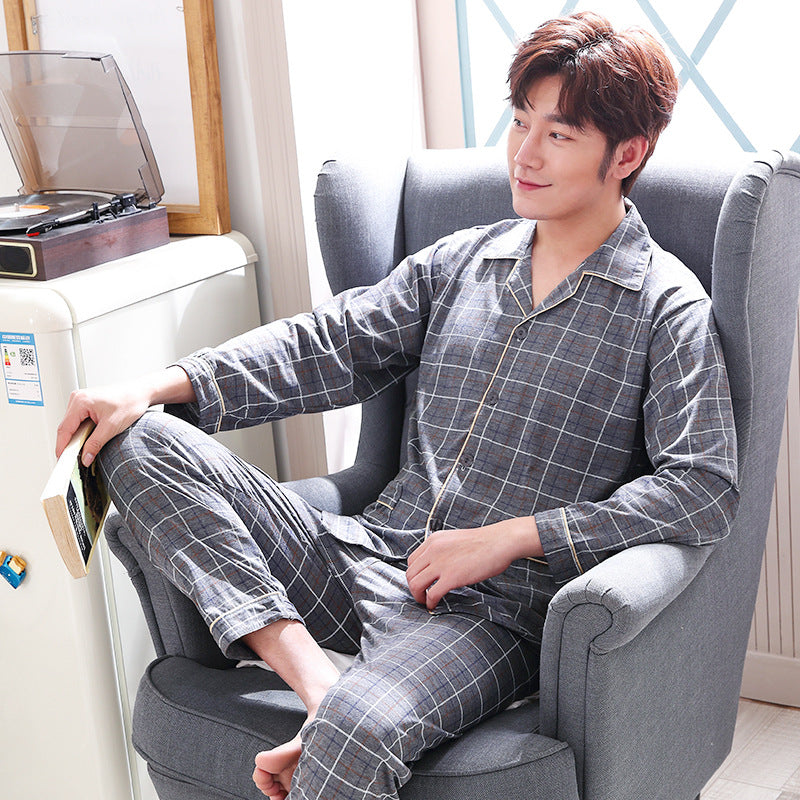 Pajama Sets Men Sleepwear Casual Simple Loungewear Plaid Soft Home Wear Turn-down Collar Long Sleeve Breathable Spring Autumn