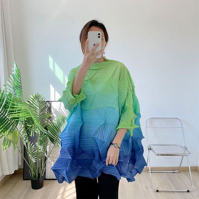 Miyake Designer Pleated Gradient Top Spring Summer New 3/4 Sleeve Diamond Pleated Sweatshirt Loose Tee
