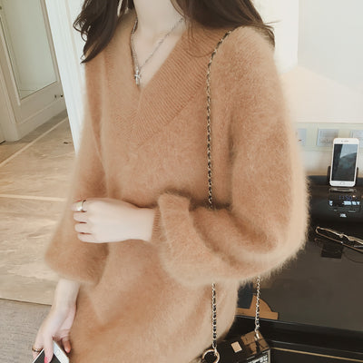 Women&#39;s Mohair Sweater Long Velvet Long Lantern Sleeved Wool Pullover Dress V-Neck Knitted Shirts Tops Sweaters 2021 Winter
