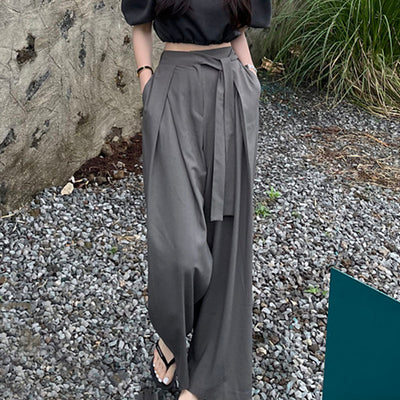 High Waist Wide Leg Pants Trousers Women Korean Fashion Workwear Belted Full-length Pants Solid Loose Ladies Chic Women Trousers