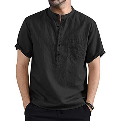 Wear-resistant Men Shirt Loose Short Sleeve Shirt Stand Collar Solid Color Shirt Tops Solid Color