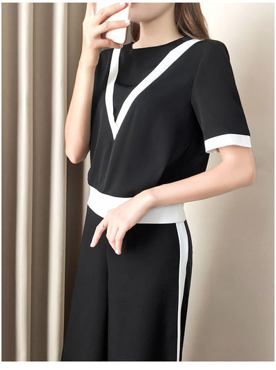 Summer 2021 large size wide leg trousers tracksuit women's loose casual short sleeve web celebrity two piece set wholesale 0224