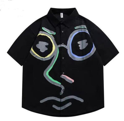 Graffiti Print Half-Sleeved Shirts Men's Summer Loose Japanese Tide Brand Shirt Casual Five-Point Sleeve Shirt