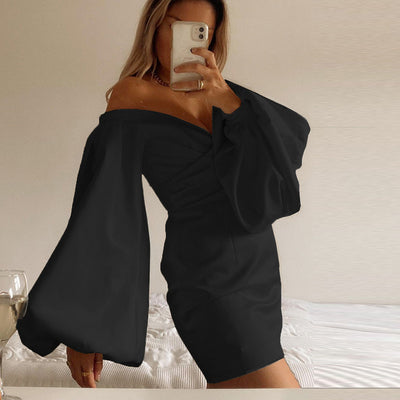 Tobinoone Autumn Winter Sexy Women's Dress Solid Color Off Shoulder One-line Collar Skirt Dress