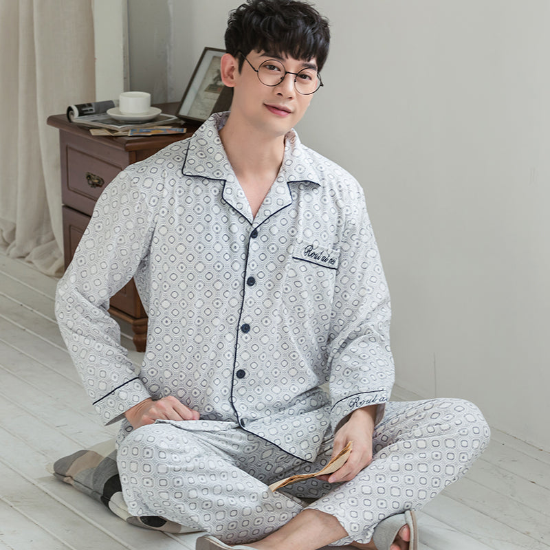 4XL Pajamas For Men Sleepwear Spring Cotton Mens Pajama Sets Long Sleeve Turn-down Collar Cardigan Casual Male Pyjamas