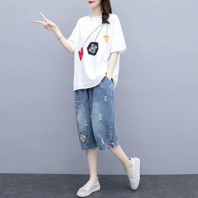 sets for women summer 2021 New Fashion Casual Two-piece Set Female loose short sleeve T-shirt cropped trouser suit round neck