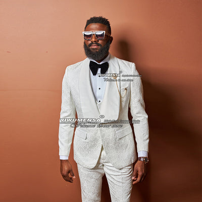 Red Jacquard Wedding Suits For Men Shawl Lapel Jacket+Vest+Pants 3 Pieces Formal Party Prom Tuxedo Terno Masculino Completo 2022